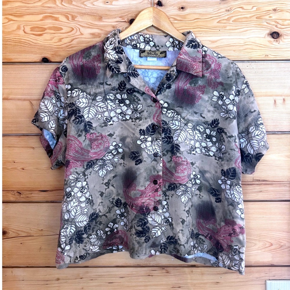 Vintage‎ Floral Paisley Rayon Shirt Womens 2XX-Large Grey Tan Two Palms Hawaiian
